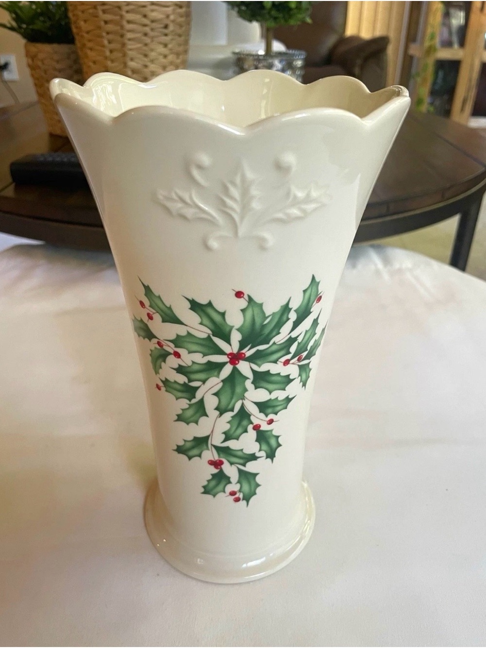 Lenox Cream Vase with Green Holly and Red Berries